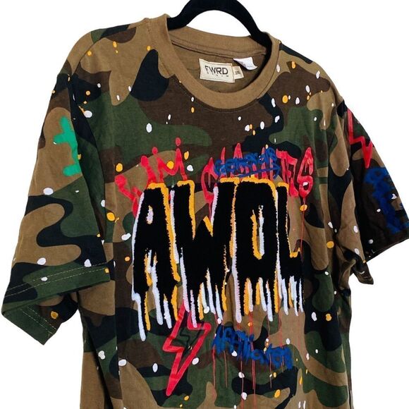 FWRD DENIM Camo Print Splatter Paint Patch AWOL T-Shirt Sz 2XL Runs Small NWOT - Picture 2 of 11